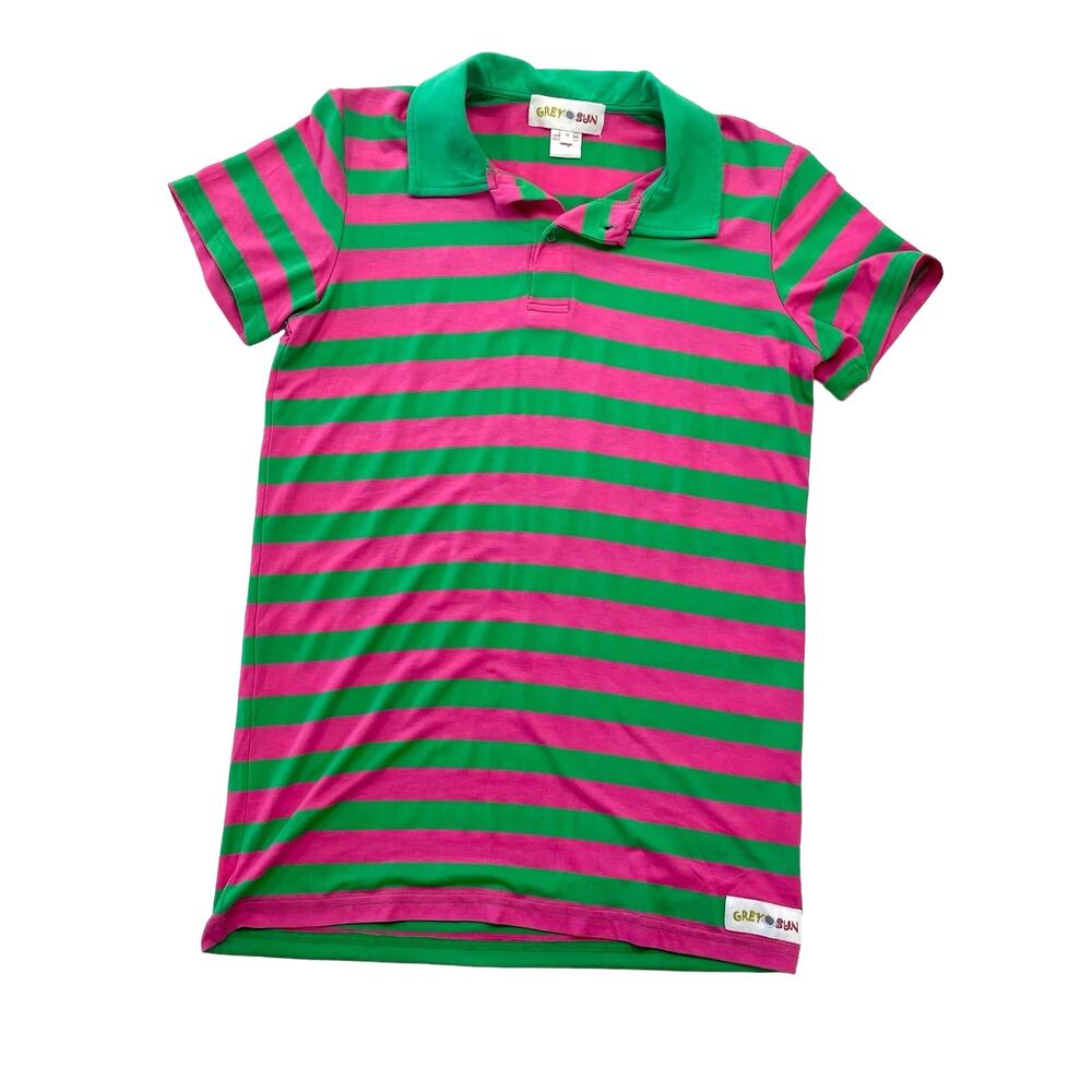 Grey Sun Girls Y2K Green & Pink Stripe Short Sleeve Polo Dress 14